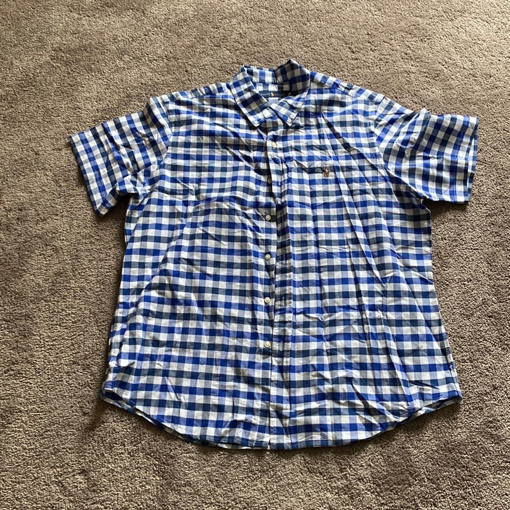 Ralph Lauren Button Down Blue Gingham Cotton Top SIZE XL
